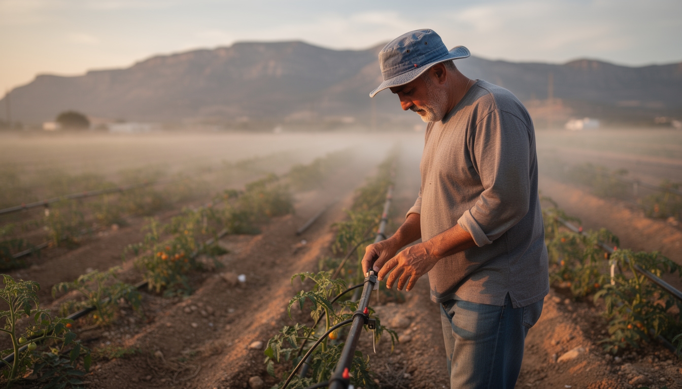 Agricultor observando sistema de riego por goteo en parcela hortícola en Murcia al amanecer