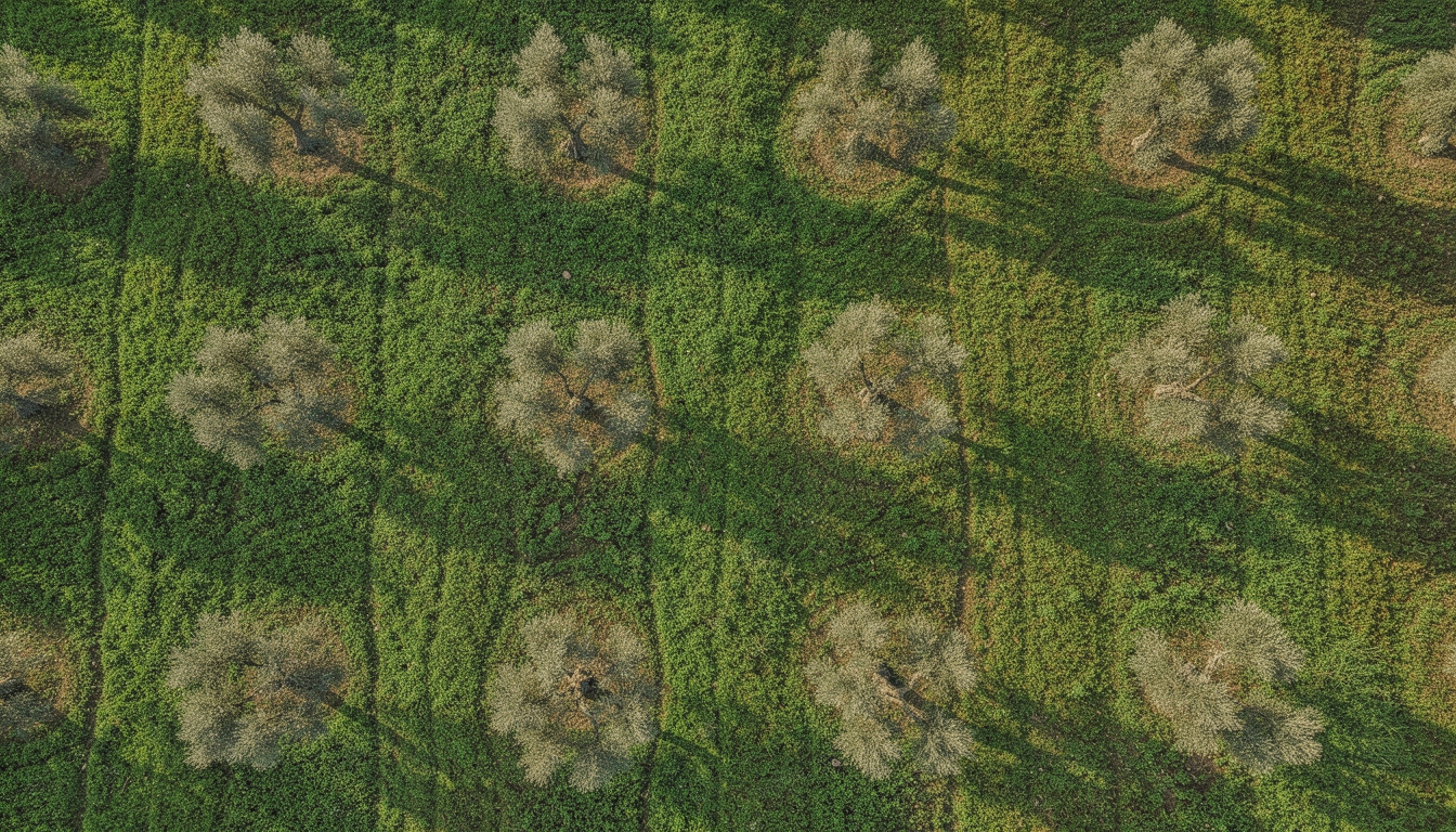 Campo con cubierta vegetal en Andalucía, suelo protegido entre hileras de olivos