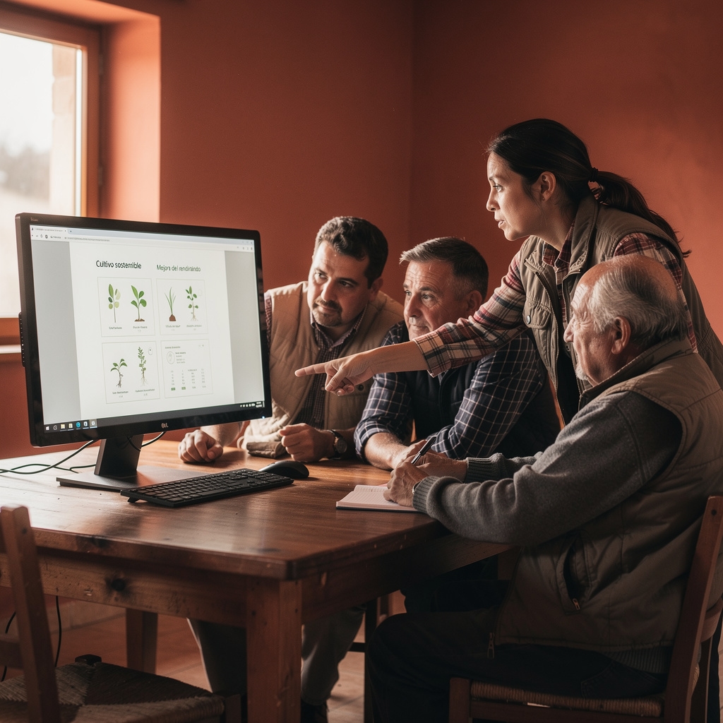 Grupo de pequeños productores rurales participando en un webinar agrícola frente a pantalla compartida