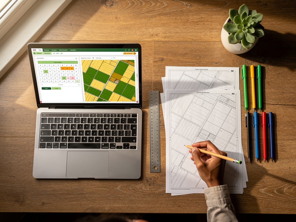 Pantalla de ordenador mostrando interfaz de software de planificación agrícola de código abierto