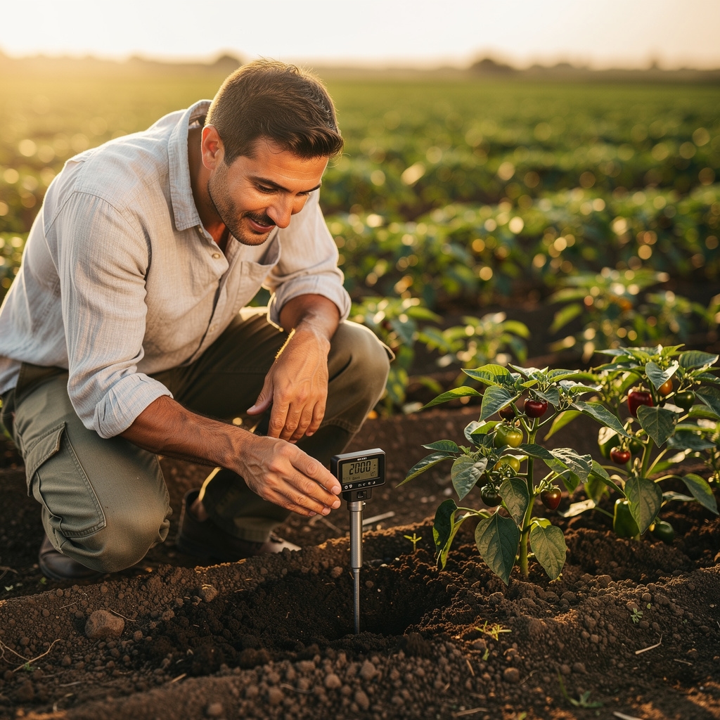 Productor revisando datos de sensor de humedad instalado en parcela de cultivo