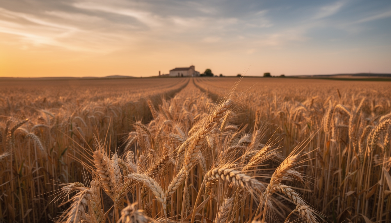 Espigas de cereal resistente a la sequía en campo andaluz bajo luz dorada de atardecer