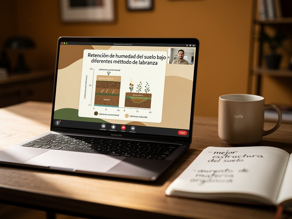 Pantalla de webinar mostrando gráficos de retención de humedad con cubierta vegetal